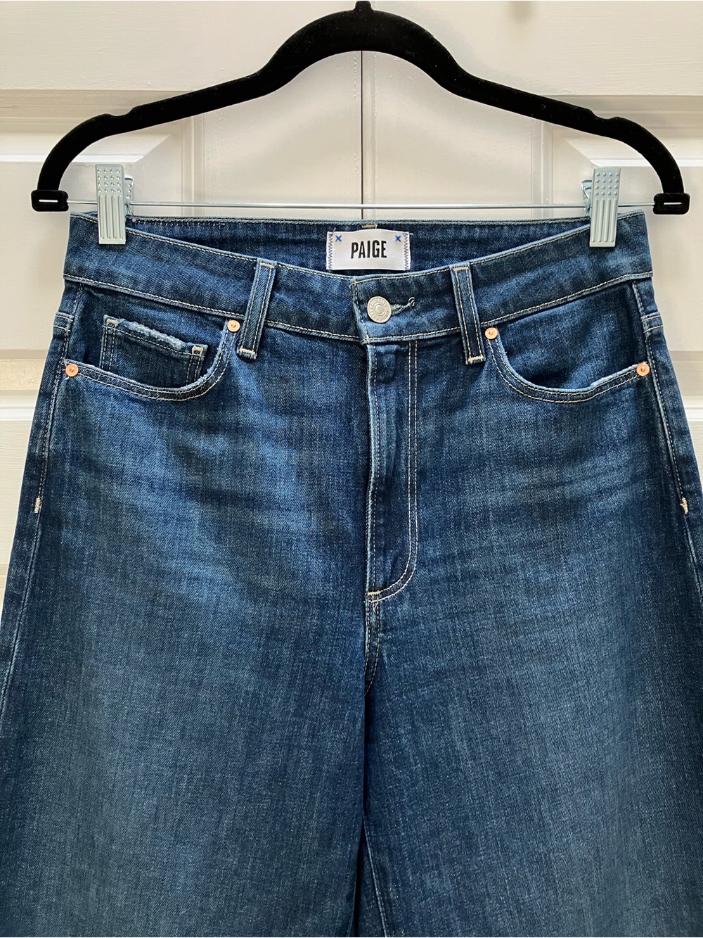 Paige Anessa 31" Wide Leg Denim Jeans Raw Hem High Rise Ancient Wash size 28 - Picture 3 of 12